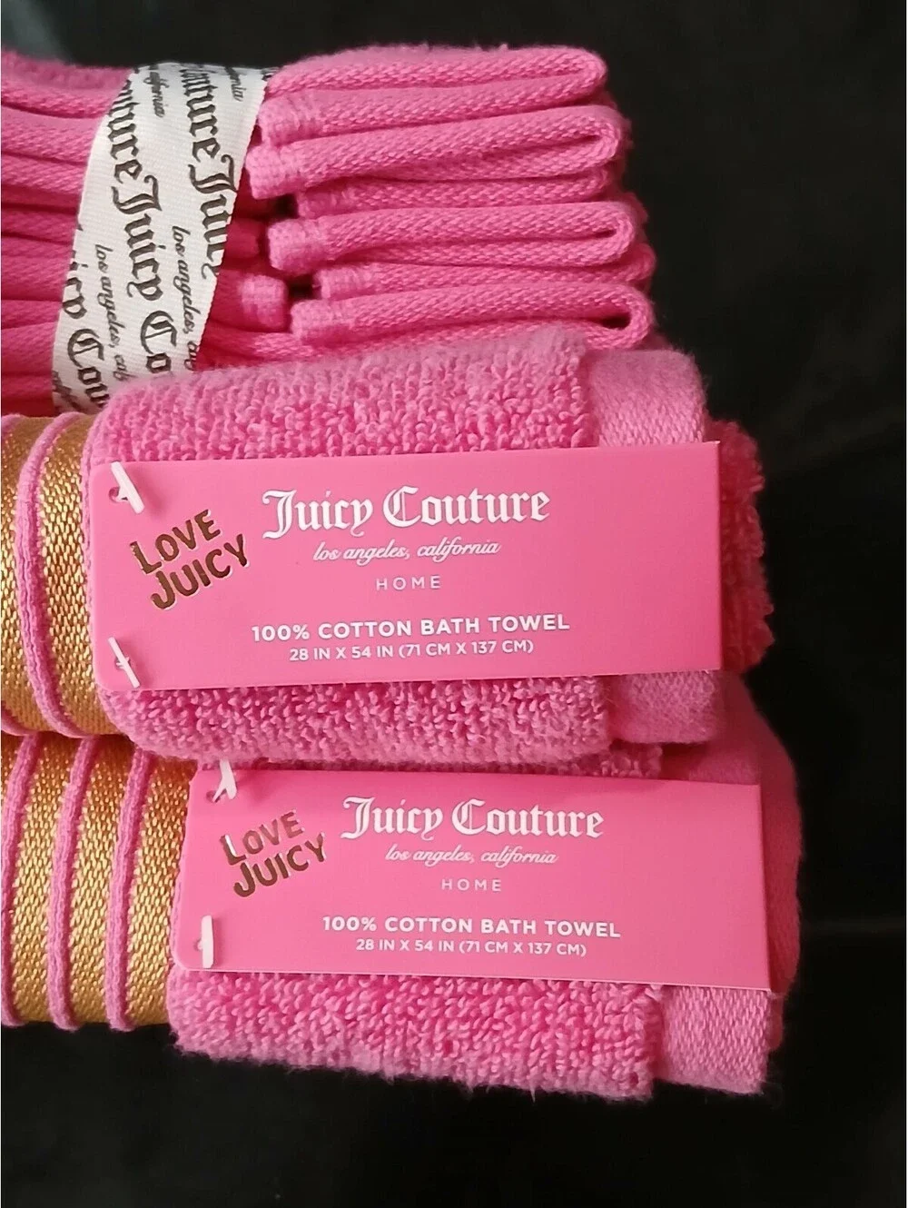 Juicy Couture 8 Pc Pink Cotton Towel Set Gold Stripe Bath Hand Washcloth NWT